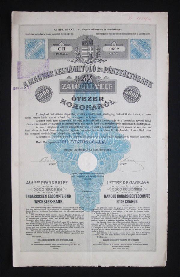 Magyar Leszmitol s Pnzvlt Bank 4,5% zloglevl 5000 k 1911
